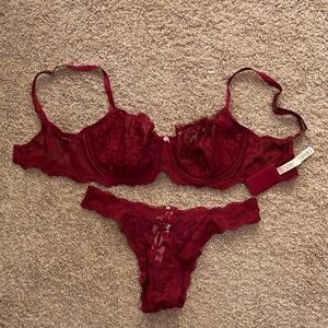 Victoria's Secret Deep Red Lace Balconette Bra and Lace Thong Set